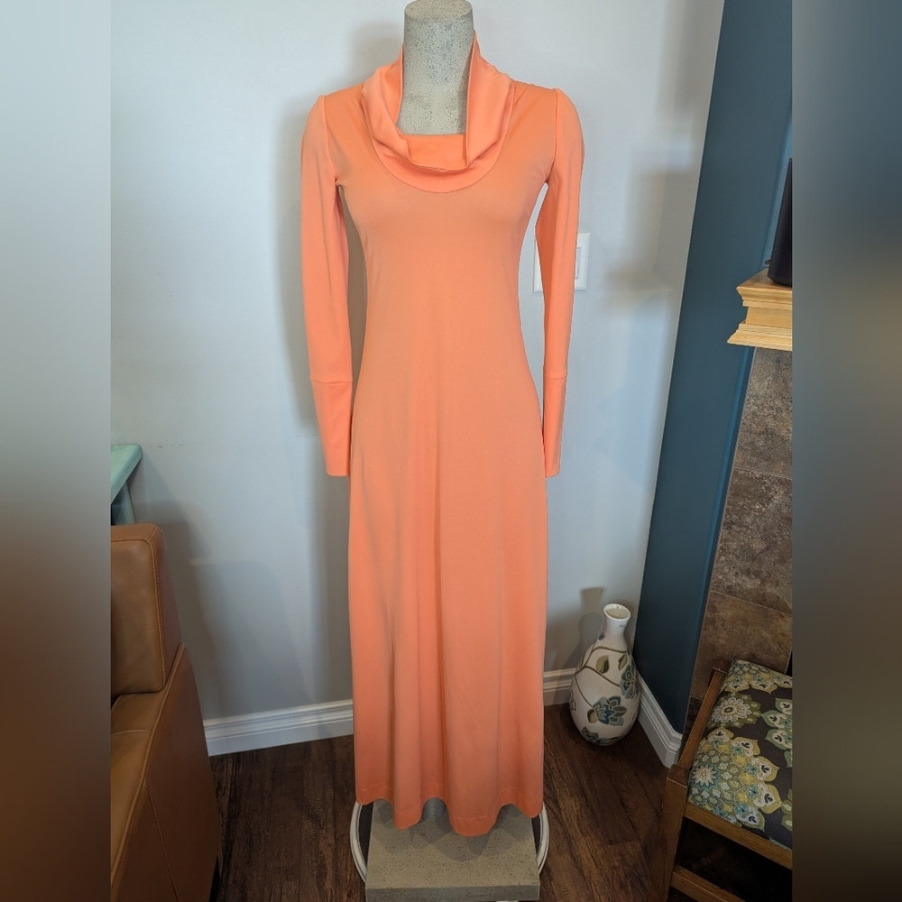Vintage 1970s Coral Maxi Dress Bias Cut Cowl Neck Long Sleeve Retro Dress Size 6 - Picture 3 of 10